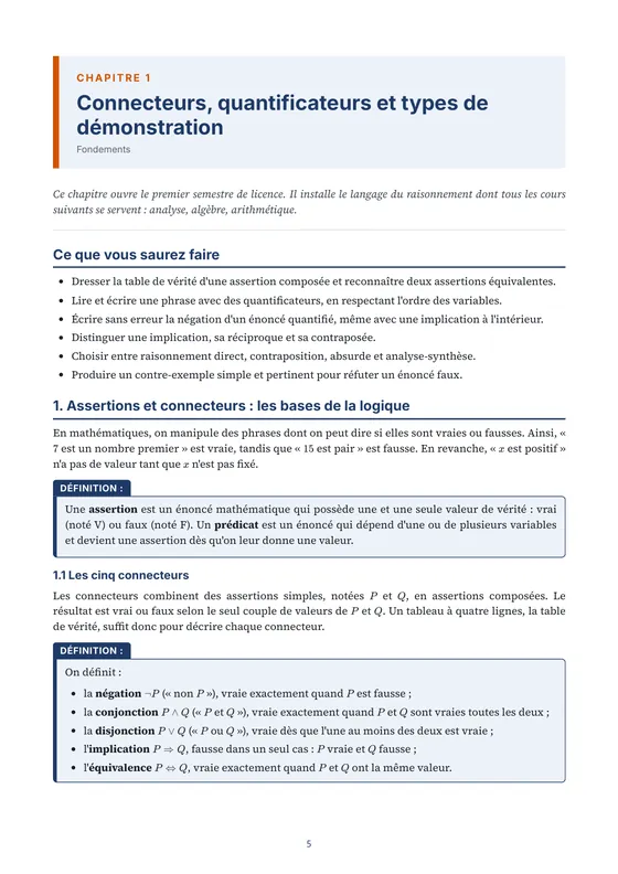 Première page du chapitre « Connecteurs, quantificateurs et types de démonstration » avec ses objectifs — Manuel de cours de maths L1