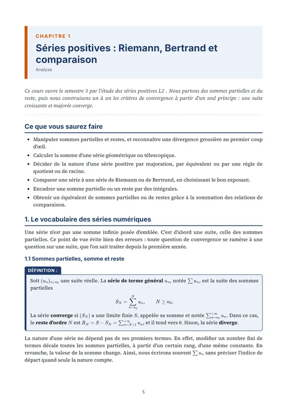 Première page du chapitre « Séries positives : Riemann, Bertrand et comparaison » avec ses objectifs — Manuel de cours de maths L2