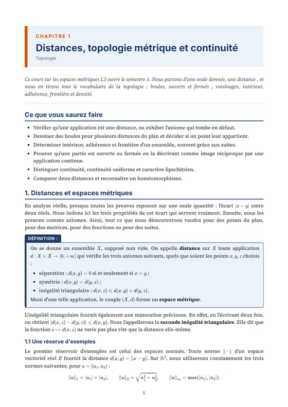 Première page du chapitre « Distances, topologie métrique et continuité » avec ses objectifs — Manuel de cours de maths L3