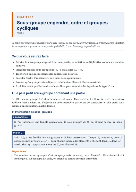 Première page du chapitre « Sous-groupe engendré, ordre et groupes cycliques » avec ses objectifs — Manuel de cours de maths spé (MP)