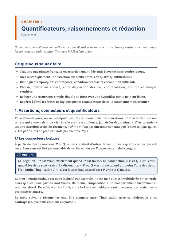 Première page du chapitre « Quantificateurs, raisonnements et rédaction » avec ses objectifs — Manuel de cours de maths sup (MPSI)
