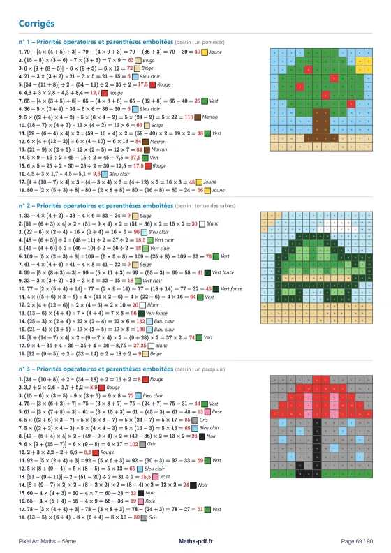 Page 69 du livre Pixel Art maths 5e : une page de corrigés