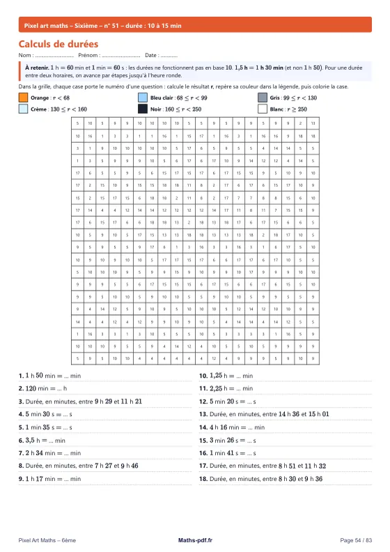 Page 54 du livre Pixel Art maths 6e : une autre notion du livre