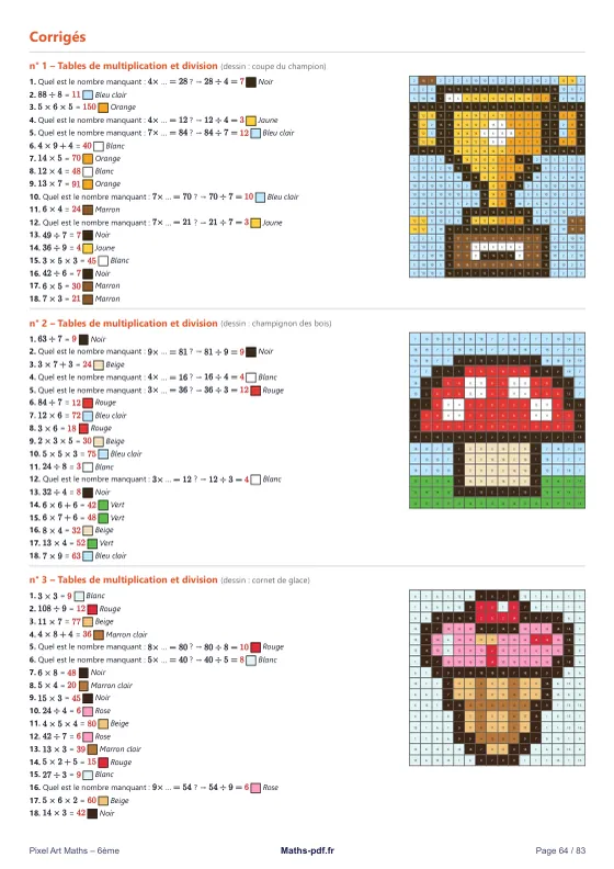 Page 64 du livre Pixel Art maths 6e : une page de corrigés