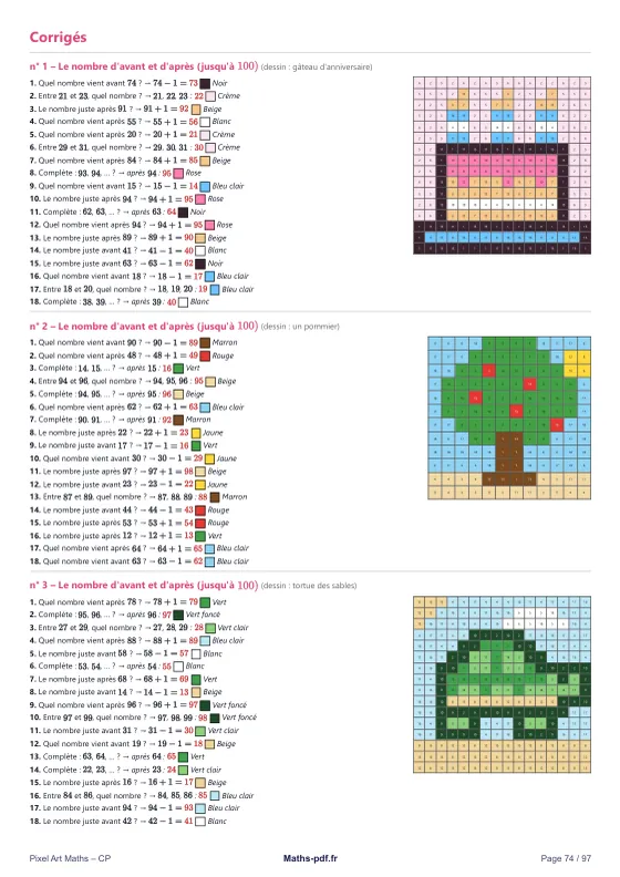 Page 74 du livre Pixel Art maths CP : une page de corrigés