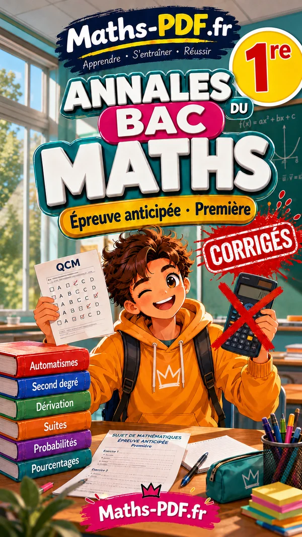 Couverture du livre Maths PDF « Annales du bac de maths corrigées, épreuve anticipée de 1re », exercices du bac classés par notion