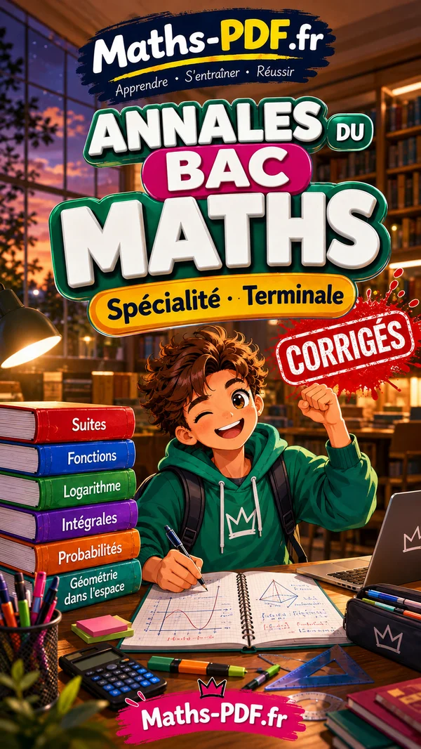 Couverture du livre Maths PDF « Annales du bac de maths corrigées, Terminale », exercices du bac classés par notion