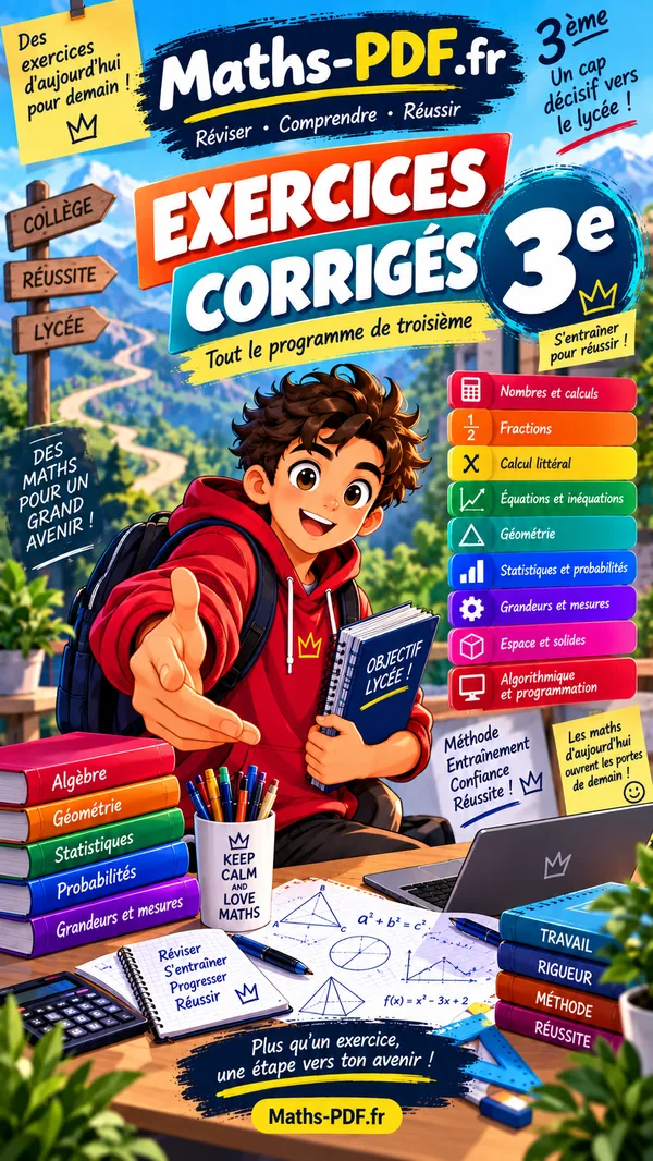 Couverture du cahier d'exercices corrigés de maths 3e en PDF