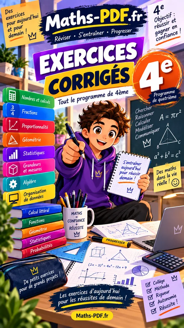 Couverture du cahier d'exercices corrigés de maths 4e en PDF