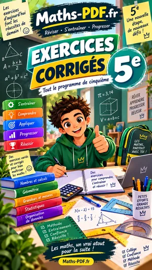 Couverture du cahier d'exercices corrigés de maths 5e, livre scolaire en PDF