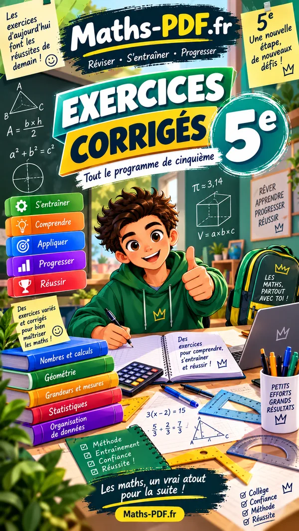 Couverture du cahier d'exercices corrigés de maths 5e en PDF