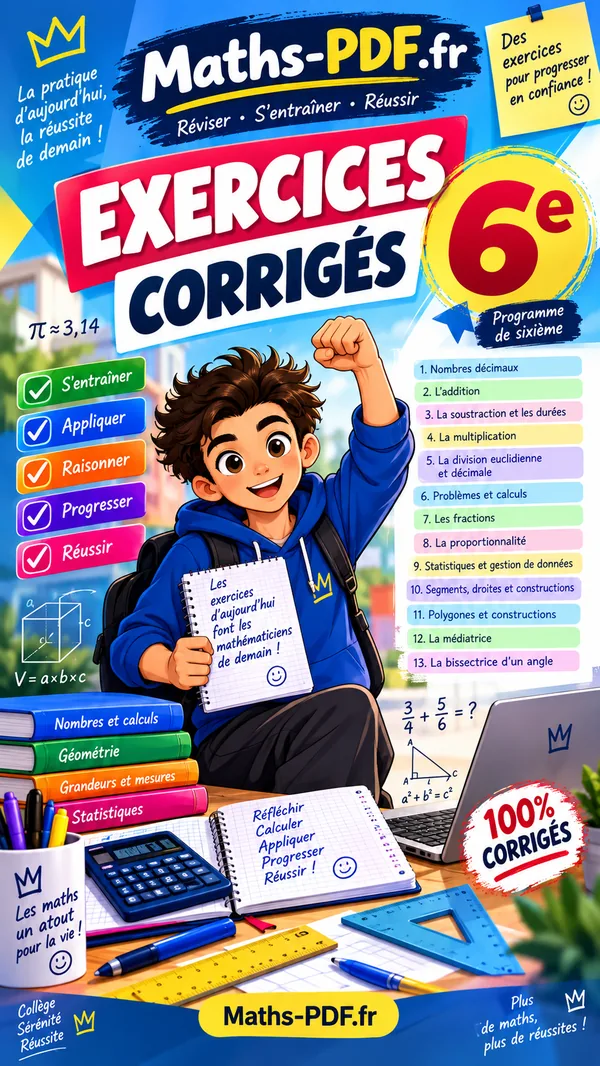 Couverture du cahier d'exercices corrigés de maths 6e en PDF