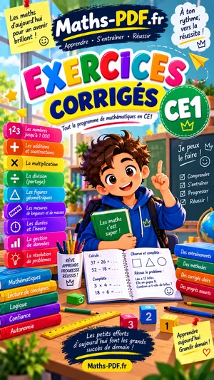 Couverture du cahier d'exercices corrigés de maths CE1, livre scolaire en PDF