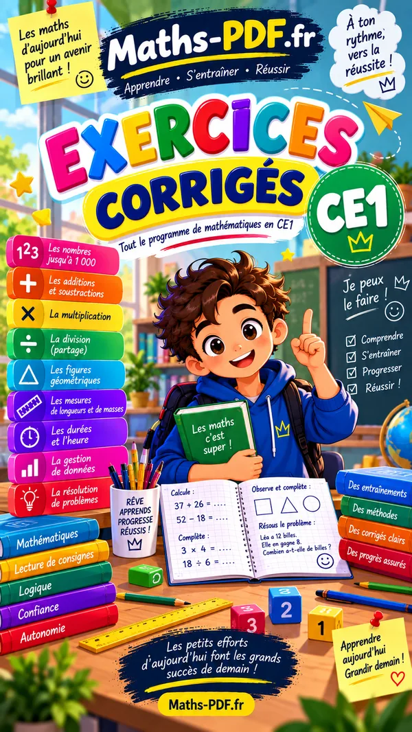 Couverture du cahier d'exercices corrigés de maths CE1 en PDF