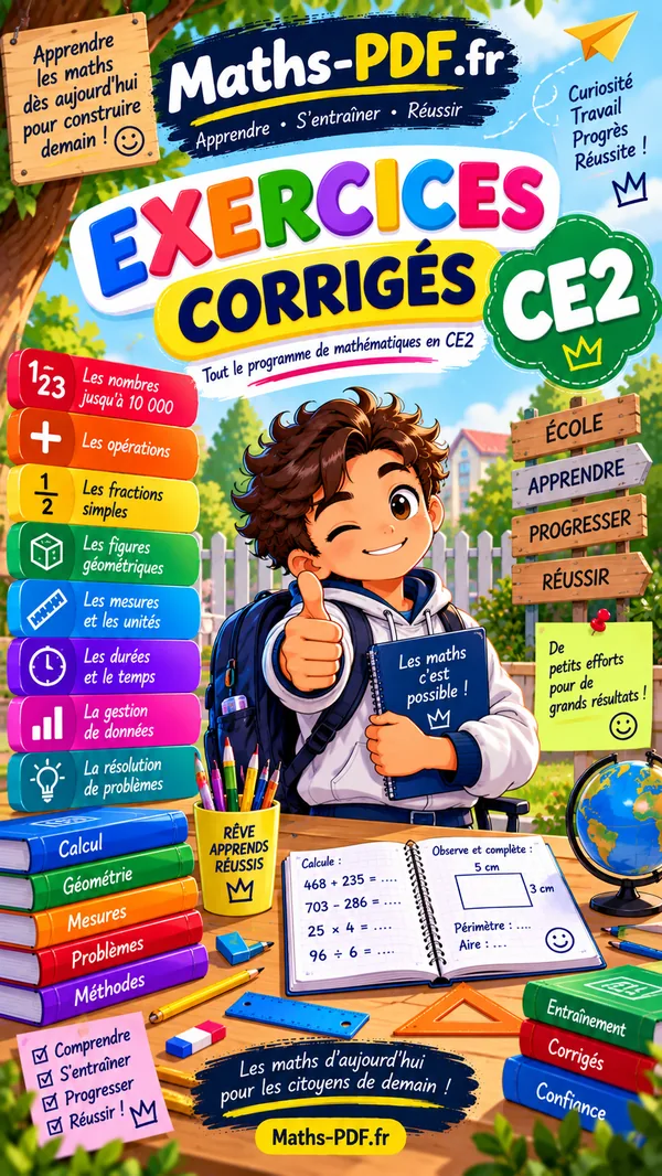 Couverture du cahier d'exercices corrigés de maths CE2 en PDF