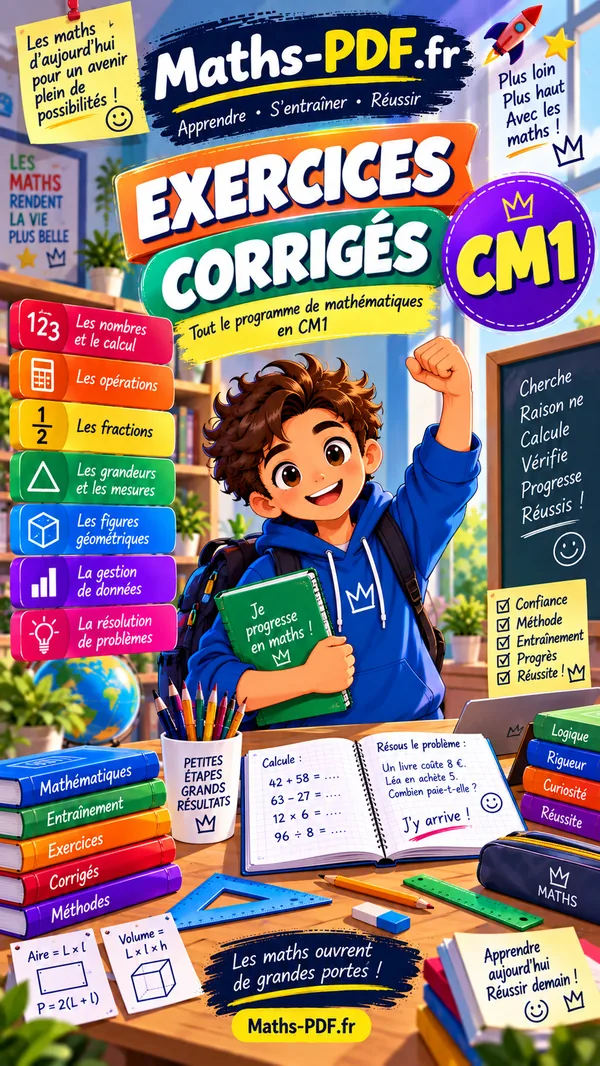 Couverture du cahier d'exercices corrigés de maths CM1 en PDF