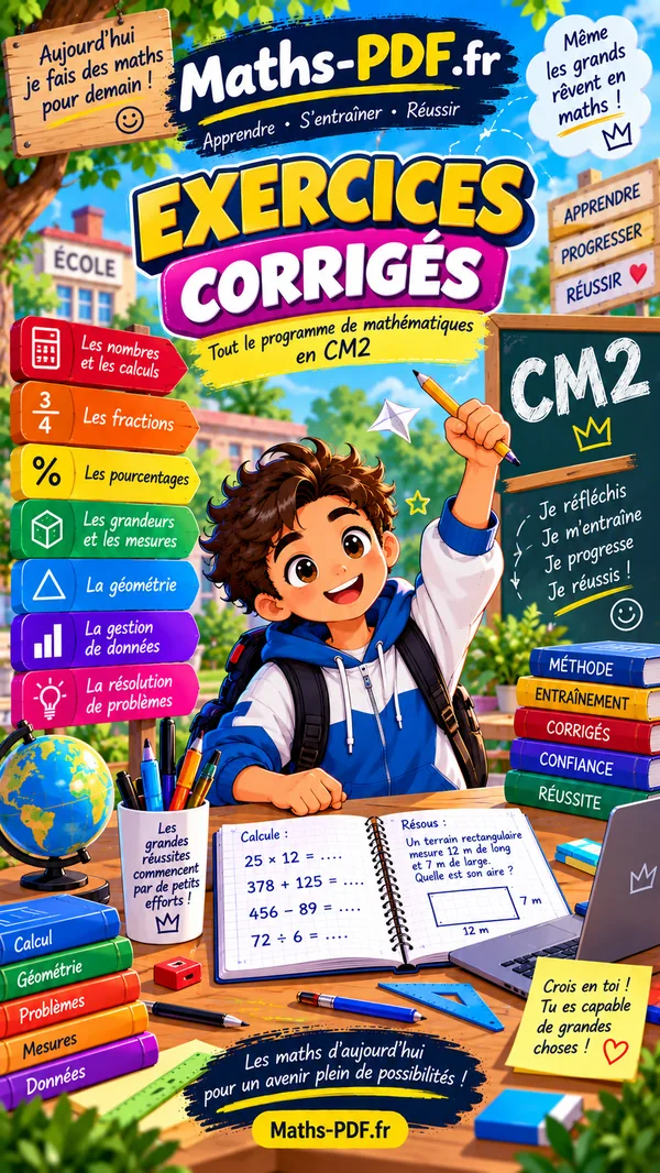 Couverture du cahier d'exercices corrigés de maths CM2 en PDF