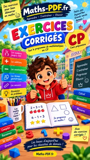 Couverture du cahier d'exercices corrigés de maths CP, livre scolaire en PDF