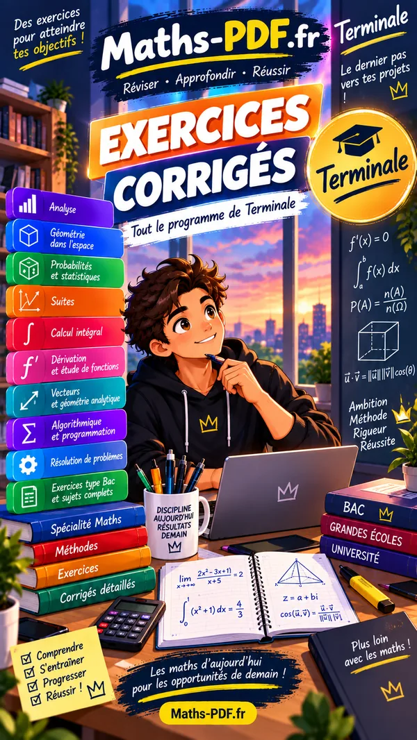 Couverture du cahier d'exercices corrigés de maths Terminale en PDF