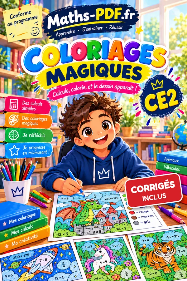 Couverture du livre Coloriages magiques de maths CE2 en PDF, solutions incluses