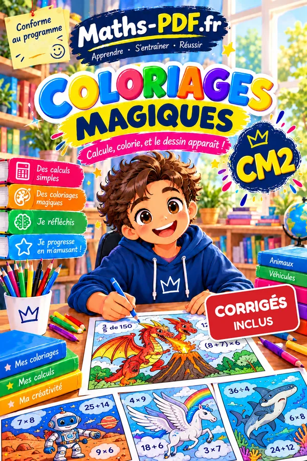 Couverture du livre Coloriages magiques de maths CM2 en PDF, solutions incluses