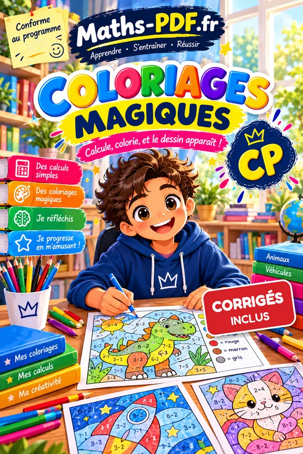 Couverture du livre Coloriages magiques de maths CP en PDF, solutions incluses