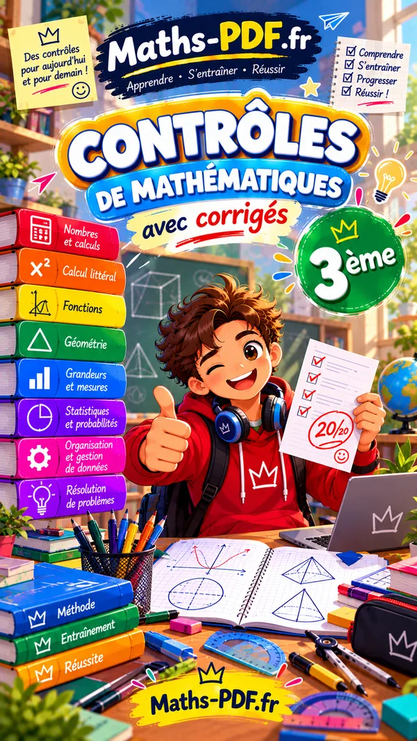 Couverture du livre de contrôles corrigés de maths 3e en PDF