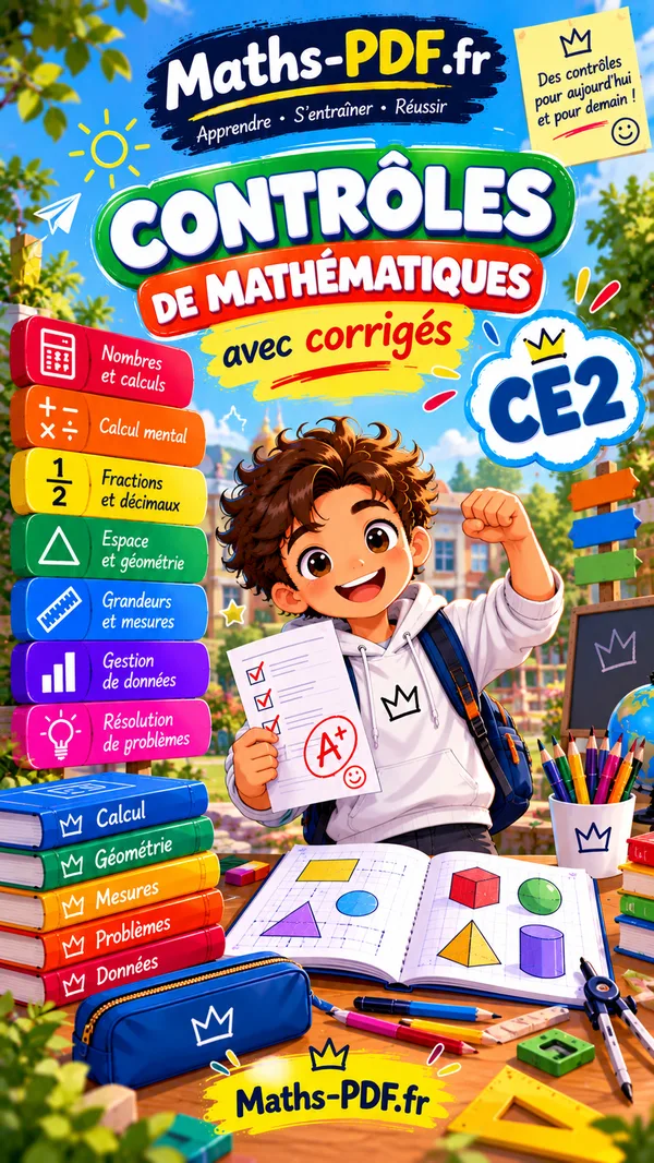 Couverture du livre de contrôles corrigés de maths CE2 en PDF