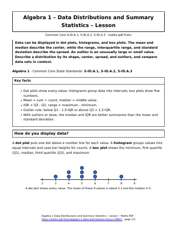 Data distributions lesson (Algebra 1) – first page of the printable PDF