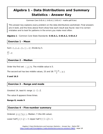 Data distributions answers (Algebra 1) – first page of the printable PDF