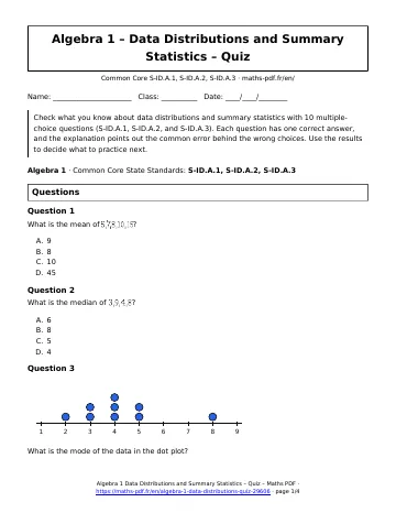 Data distributions quiz (Algebra 1) – first page of the printable PDF