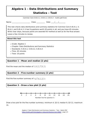 Data distributions test (Algebra 1) – first page of the printable PDF
