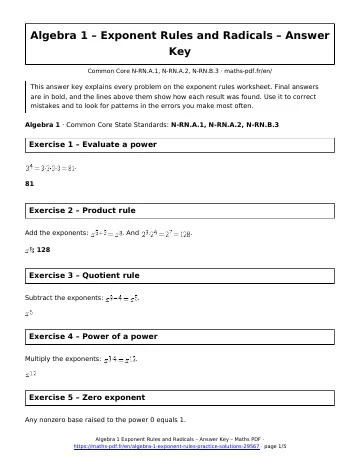 Exponent rules answers (Algebra 1) – first page of the printable PDF
