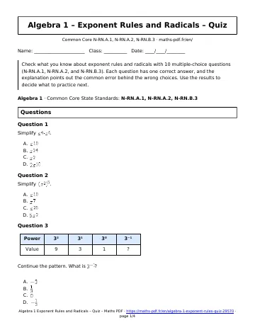 Exponent rules quiz (Algebra 1) – first page of the printable PDF