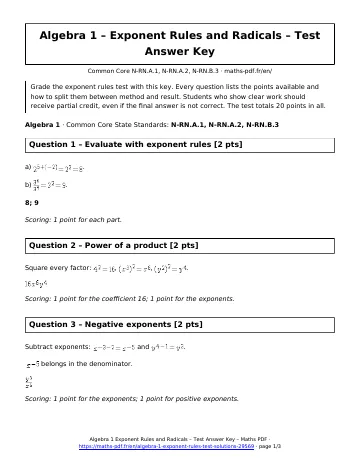 Exponent rules test answers (Algebra 1) – first page of the printable PDF