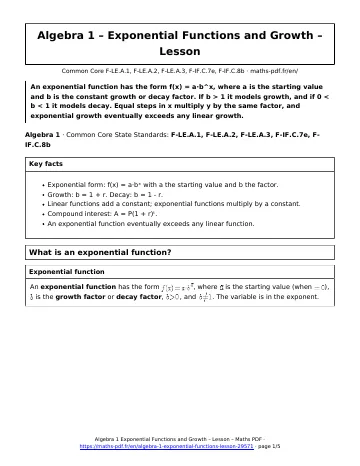 Algebra 1 exponential functions lesson (Algebra 1) – first page of the printable PDF