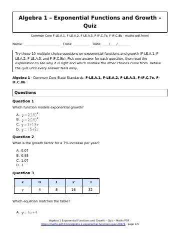 Algebra 1 exponential functions quiz (Algebra 1) – first page of the printable PDF