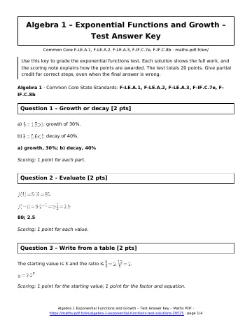 Algebra 1 exponential functions test answers (Algebra 1) – first page of the printable PDF