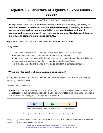 Algebra 1 expressions lesson (Algebra 1) – first page of the printable PDF