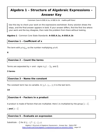 Algebra 1 expressions answers (Algebra 1) – first page of the printable PDF