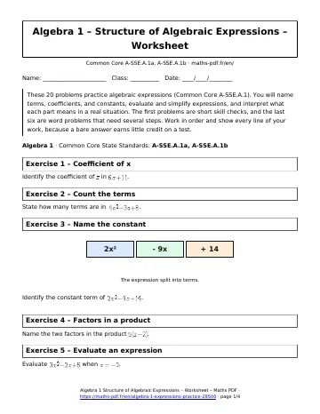 Algebra 1 expressions worksheet (Algebra 1) – first page of the printable PDF