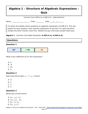 Algebra 1 expressions quiz (Algebra 1) – first page of the printable PDF