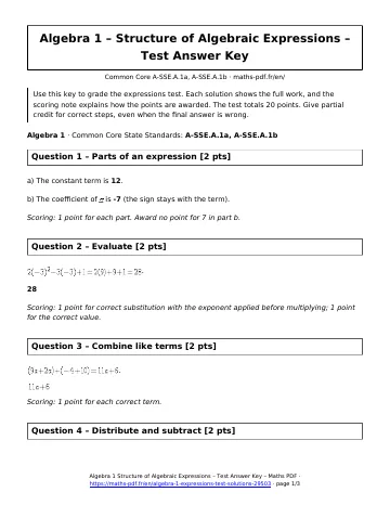 Algebra 1 expressions test answers (Algebra 1) – first page of the printable PDF