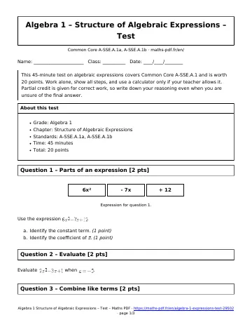 Algebra 1 expressions test (Algebra 1) – first page of the printable PDF