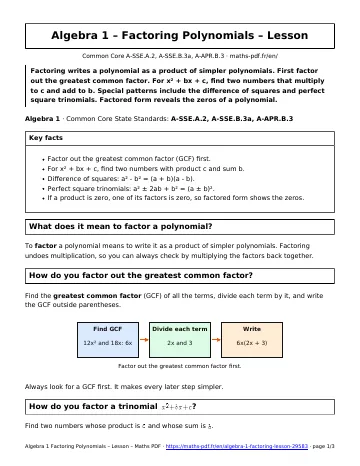 Factoring lesson (Algebra 1) – first page of the printable PDF