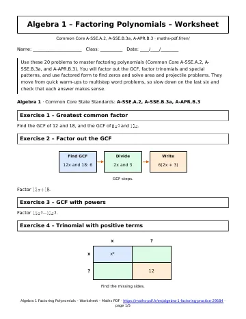 Factoring practice worksheet (Algebra 1) – first page of the printable PDF