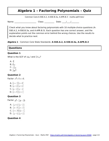Factoring quiz (Algebra 1) – first page of the printable PDF