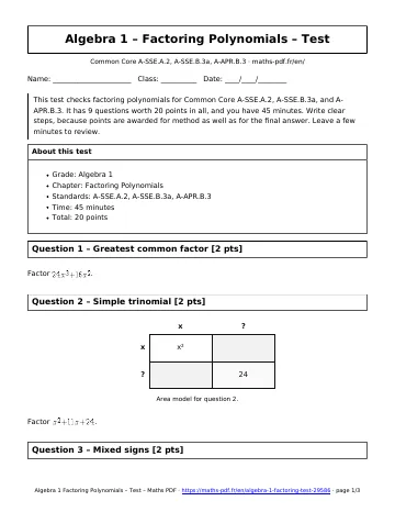 Factoring test (Algebra 1) – first page of the printable PDF