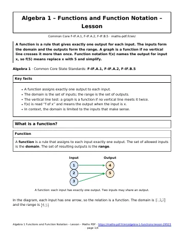 Algebra 1 functions lesson (Algebra 1) – first page of the printable PDF