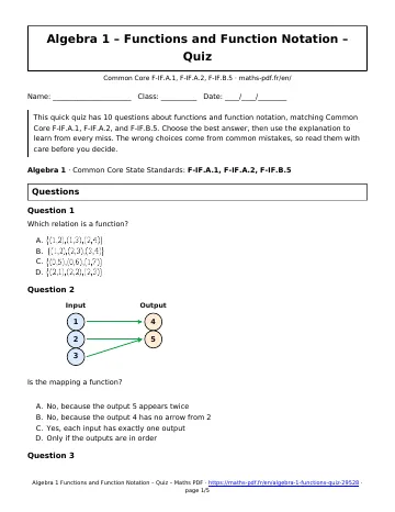 Algebra 1 functions quiz (Algebra 1) – first page of the printable PDF